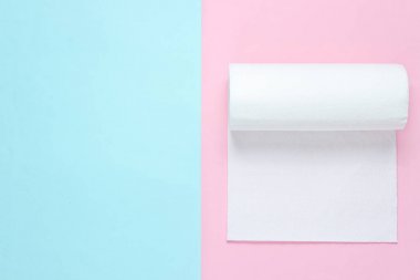 Mavi pembe pastel arka plan üzerinde kağıt havlu Rulo. Minimalizm. üst görünüm. Kopya aralığı
