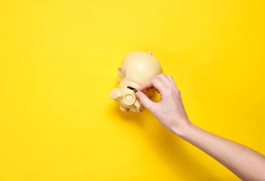 Kadın el sarı bir arka plan üzerinde kumbara sikke içine bir sikke koyar. Üstte görüntü