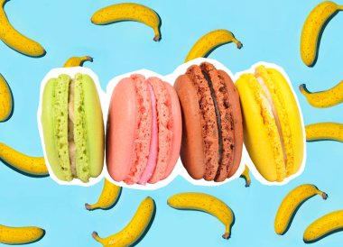 Zine tarzı, pop sanat tasarımı. Yatay renkli pastel kurabiyeler ve muzlarla yaratıcı kolaj.