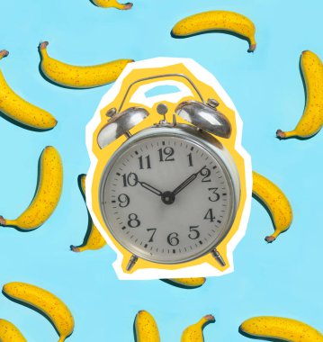 Zine tarzı, pop art tasarımı. Retro tarzı alarm ve muz ile yaratıcı kolaj