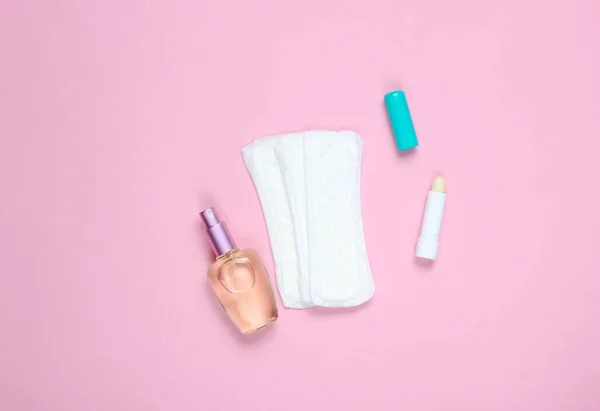 Women Beauty Hygiene Products Pink Pastel Background Perfume Bottle Hygienic — Stock Photo, Image