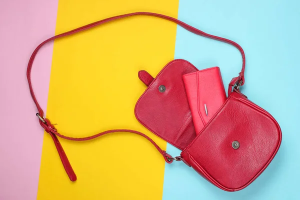 Red Leather Bag Purse Pastel Colored Background Top View — Stock Photo, Image
