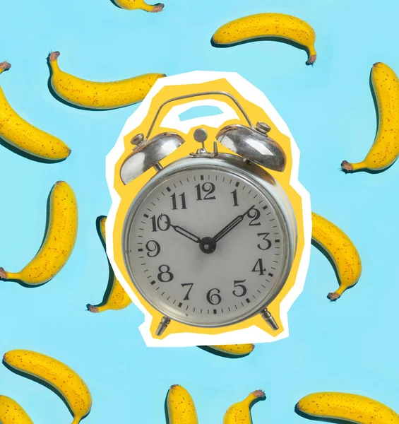 Zine style, pop art design. Creative collage with retro style alarm and bananas
