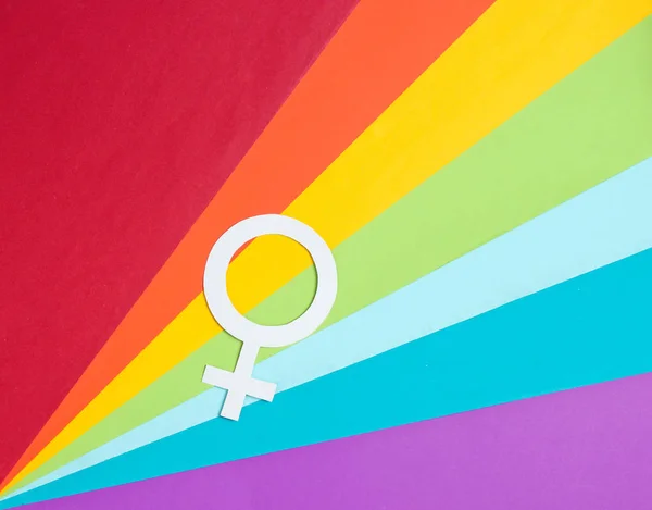Lgbt Topluluk Kavramı Gökkuşağı Arka Planında Kadın Cinsiyet Sembolü Lezbiyenler — Stok fotoğraf