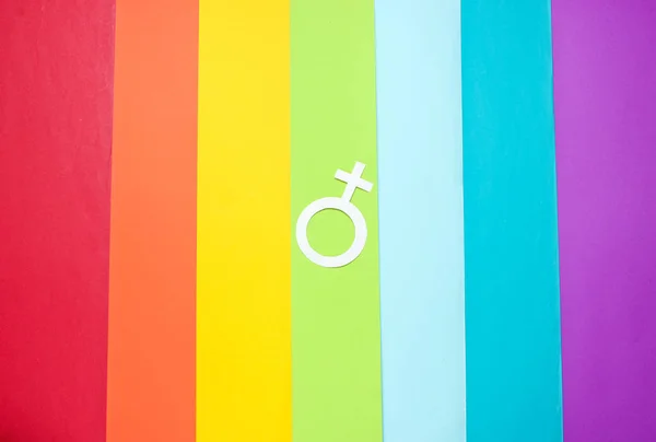 Lgbt Concept Feminisme Minderheidsseks Gendergelijkheid Vrouwelijk Gendersymbool Regenboog Achtergrond Bovenaanzicht — Stockfoto
