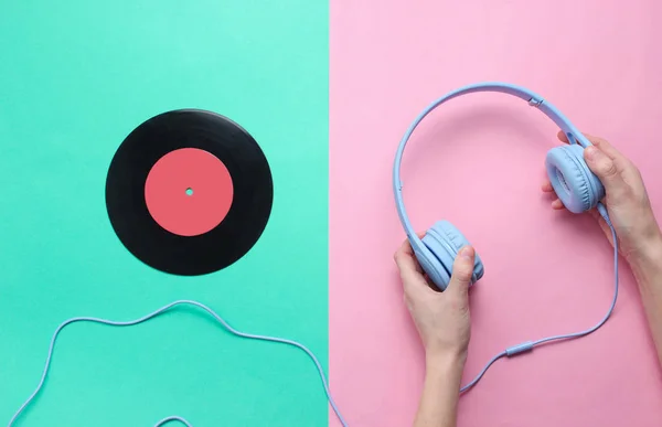 Women Hands Hold Headphones Vinyl Record Pastel Background Pop Culture — 스톡 사진