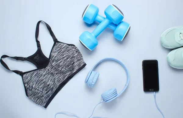 Fitness Concept Flat Lay Smartphone Headphones Plastic Dumbbells Sports Bra — Stock Photo, Image