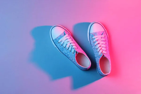 Fashionable Sneakers Neon Pink Blue Light Retro Style 80S Minimalism — Stock Photo, Image