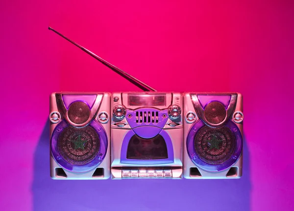 Retro Wave Style Audio Cassette Recorder Neon Pink Magenta Light — Stock Photo, Image