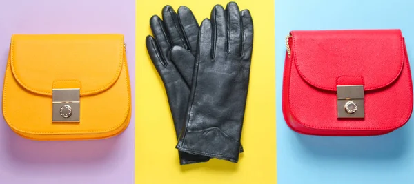 Kvinnors Mode Tillbehör Pastell Färg Bakgrund Två Väskor Handskar Minimalistiskt — Stockfoto