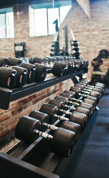 Set Black Dumbbell Metal Handles Rack Gym Free Weights Training — Stock Photo, Image