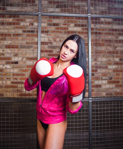 Сексуальна Брюнетка Спортивній Білизні Рожеве Пальто Позує Боксерських Рукавичках Фоні — стокове фото