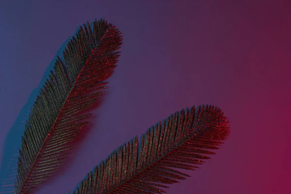 Kreativ Popkonst Tropiskt Koncept Gyllene Palmblad Blå Röd Neon Lutning — Stockfoto