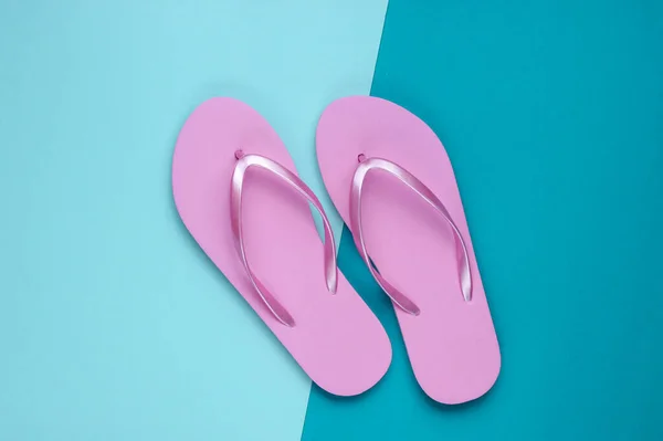 Moda Playa Chanclas Color Rosa Sobre Fondo Papel Azul Vista —  Fotos de Stock