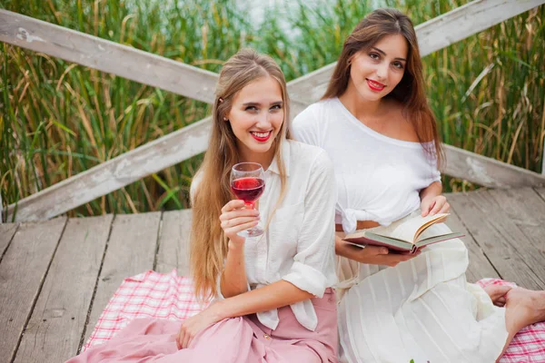 Duas Jovens Mulheres Alegres Fazem Piquenique Livre Dia Verão Duas — Fotografia de Stock