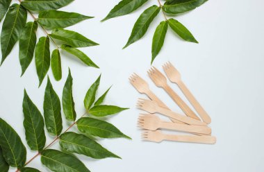 Çevre dostu sakin yaşam. Yeşil tropikal yapraklı, beyaz arka planda tek kullanımlık tahta çatallar. Doğal malzemelerden yapılmış çatal bıçak takımı.