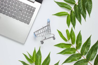 Online alışveriş. Dizüstü bilgisayar, yeşil yapraklı beyaz arka plan üzerinde alışveriş sepeti. Doğa ile birlik kavramı. Eko natürmort. Üstte görüntü