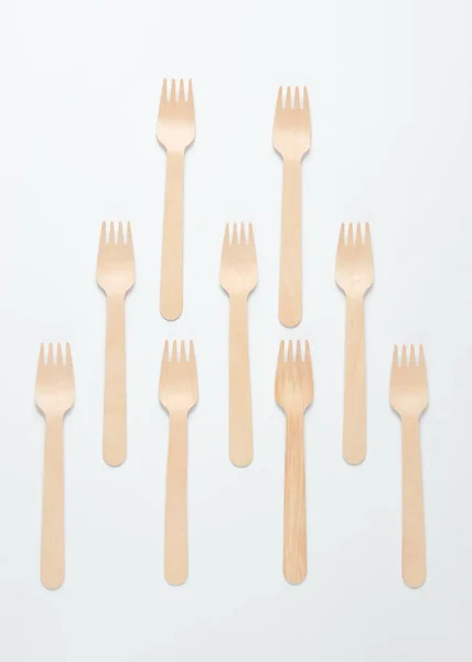 Lot Eco Friendly Wooden Forks White Background Minimalistic Eco Concept — Stock Photo, Image