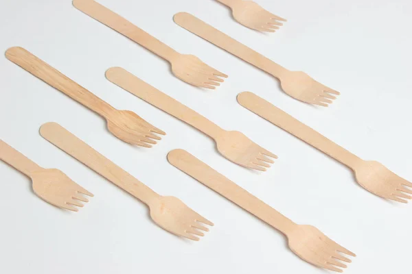 Many Eco Friendly Wooden Forks White Background Minimalistic Eco Concept — Stock Photo, Image