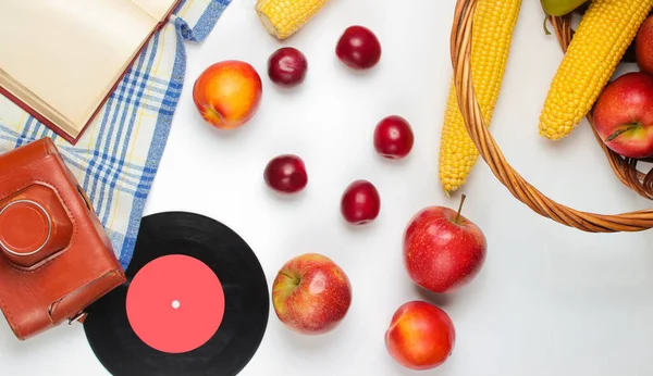 Pique Nique Française Panier Avec Fruits Légumes Appareil Photo Rétro — Photo