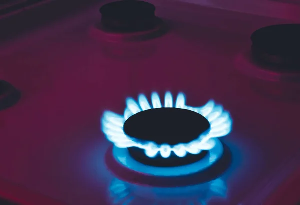 Burning burner of a gas stove close-up. Gas consumption concept