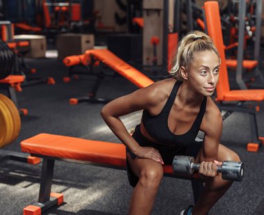 Spor salonundaki bir bankta otururken, genç bir fitness kadını biseps için halter kaldırmaya konsantre oluyor. Serbest ağırlık ile eğitim kavramı.