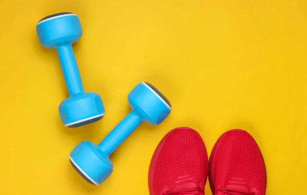 Minimalistic sport still life. Sports outfit. Red sports shoes for training and blue plastic dumbbell on yellow background. Top view