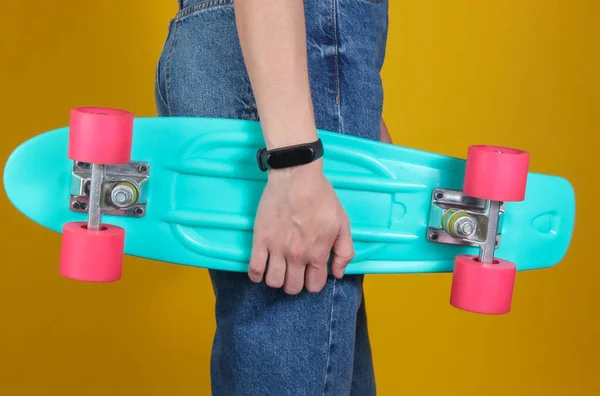 Young Slim Woman Jeans Holds Plastic Cruiser Board Her Hands — Stock Photo, Image