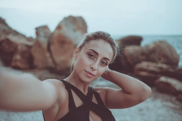 Selfie Portrait Young Attractive Blonde Woman Swimsuit Wild Beach — Stock Photo, Image