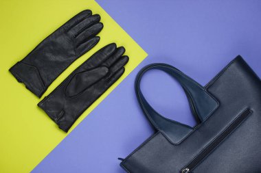 Deri çanta ve renkli arka planda eldivenler. Minimalist moda hala hayattadır. Düz yatıyordu. Üst görünüm