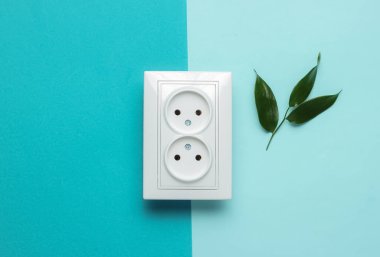 Eko konsepti. Güç Enerji Ekonomisi. Gezegeni kurtar. Çift güç prizi, mavi arka planda yeşil yapraklar. Stüdyo çekimi