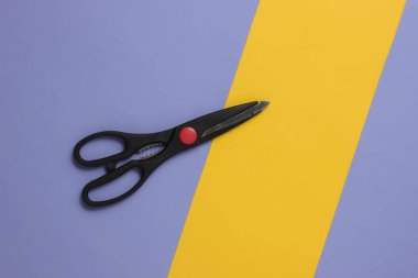 Renkli bir arka planda mutfak makası. Üst görünüm