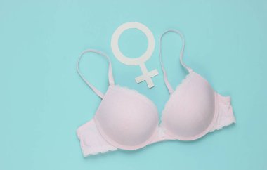 Mavi pastel arka planda Femen iç çamaşırı ve cinsiyet sembolü. Feminizm kavramı.