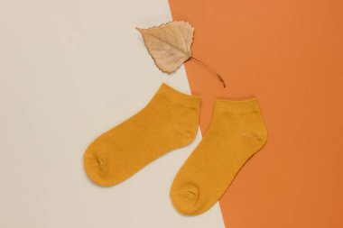 Sonbahar geldi. Kağıt arka planda kurumuş yapraklı turuncu çoraplar. Üst görünüm