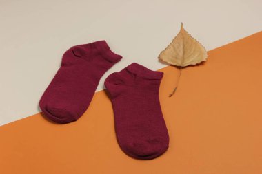 Sonbahar geldi. Kağıt arkaplanda kurumuş yapraklı turuncu çoraplar..