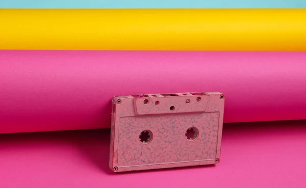 Cassette Audio Sur Fond Papier Enveloppé Couleur Pastel Tendance Minimaliste — Photo