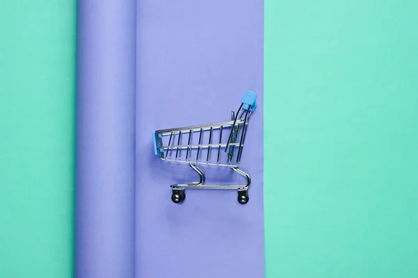 Carro Compras Sobre Fondo Papel Envuelto Tendencia Color Belleza Minimalista — Foto de Stock