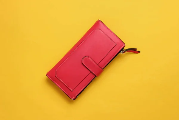 Red Leather Wallet Yellow Background Top View — Stock Photo, Image