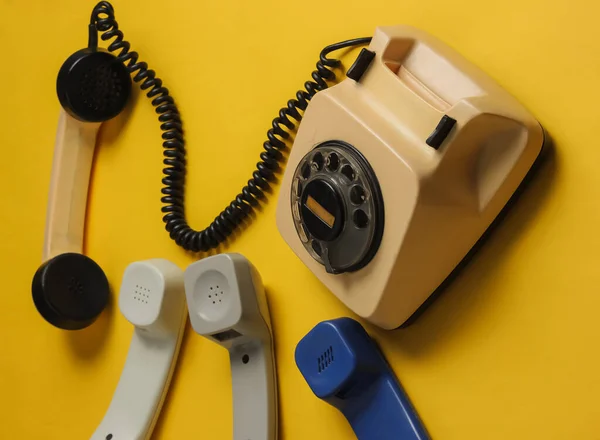 Hotline Office Concept Old Rotary Telephone Many Handsets Yellow Paper — Stock Photo, Image