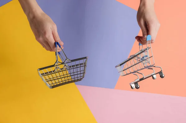 Einkaufskonzept Weibliche Hand Hält Mini Einkaufskorb Und Einkaufswagen Auf Farbigem — Stockfoto