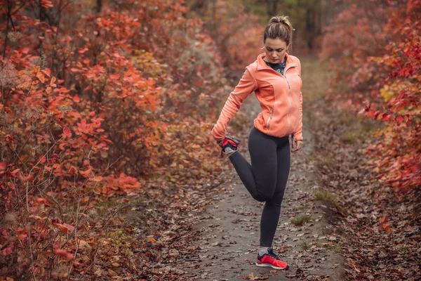 Jonge Aantrekkelijke Sportvrouw Sportkleding Doet Stretching Been Herfst Bos Met — Stockfoto