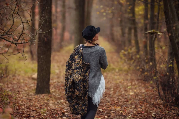 Fashionable Stylish Woman Pigtails Trendy Cap Autumn Forest — Stock Photo, Image