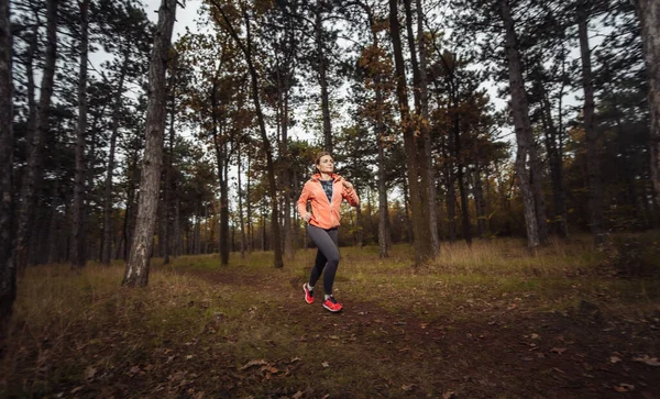 Bieganie Przez Jesienny Las Młoda Kobieta Odzieży Sportowej Biegnie Leśną — Zdjęcie stockowe