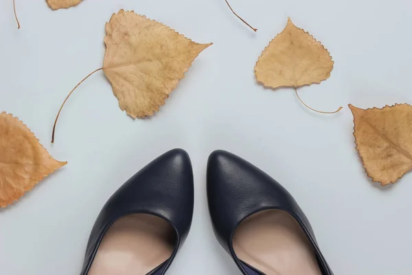 Sapatos Salto Alto Couro Fundo Branco Com Folhas Outono Secas — Fotografia de Stock