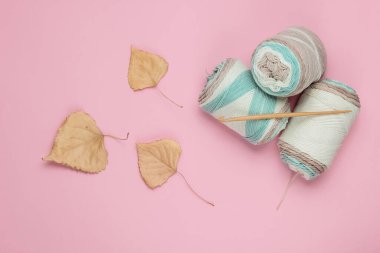 Sonbahar hobisi. Pembe arka planda düşmüş yapraklarla yün iplik ve örgü kancası. Üst görünüm