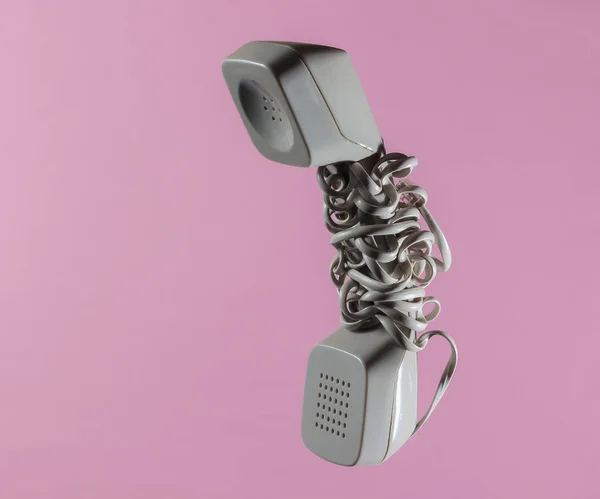 Retro Telefon Handset Lindad Kabel Rosa Pastell Bakgrund — Stockfoto