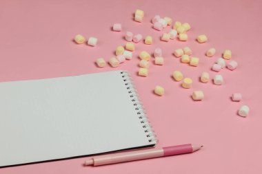 Kalemli defter ve pembe pastel arka planda bir sürü lokum. Üst görünüm