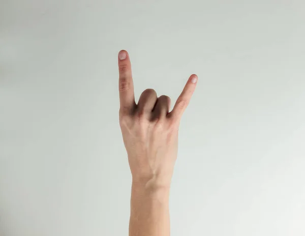 Vrouwelijke Hand Toont Rock Gebaar Een Witte Achtergrond — Stockfoto