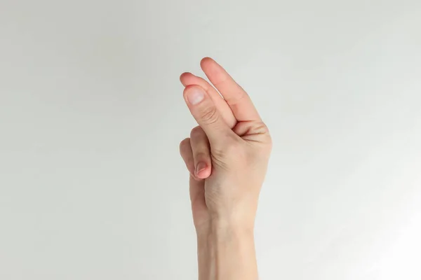 Mão Feminina Mostrando Gesto Dinheiro Pedindo Dinheiro Fundo Branco — Fotografia de Stock