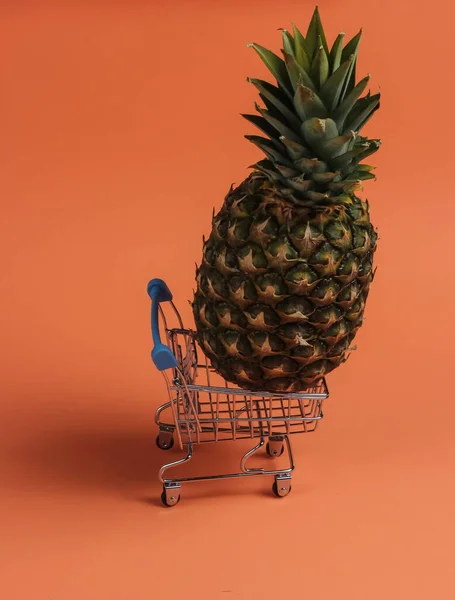 Ananas Dans Mini Chariot Achat Sur Fond Couleur Corail — Photo